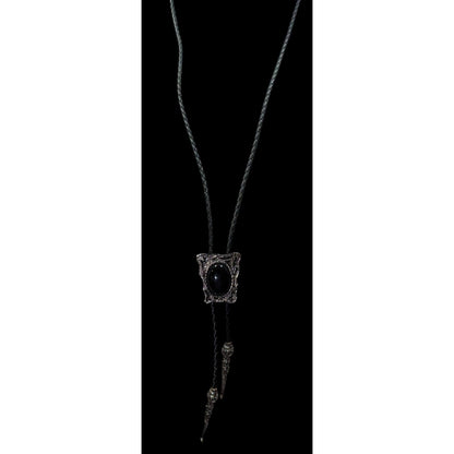 Vintage Western Bolo Tie Black Faux Leather And Onyx Made In USA