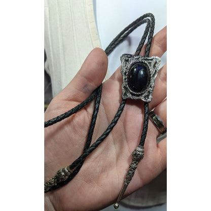 Vintage Western Bolo Tie Black Faux Leather And Onyx Made In USA