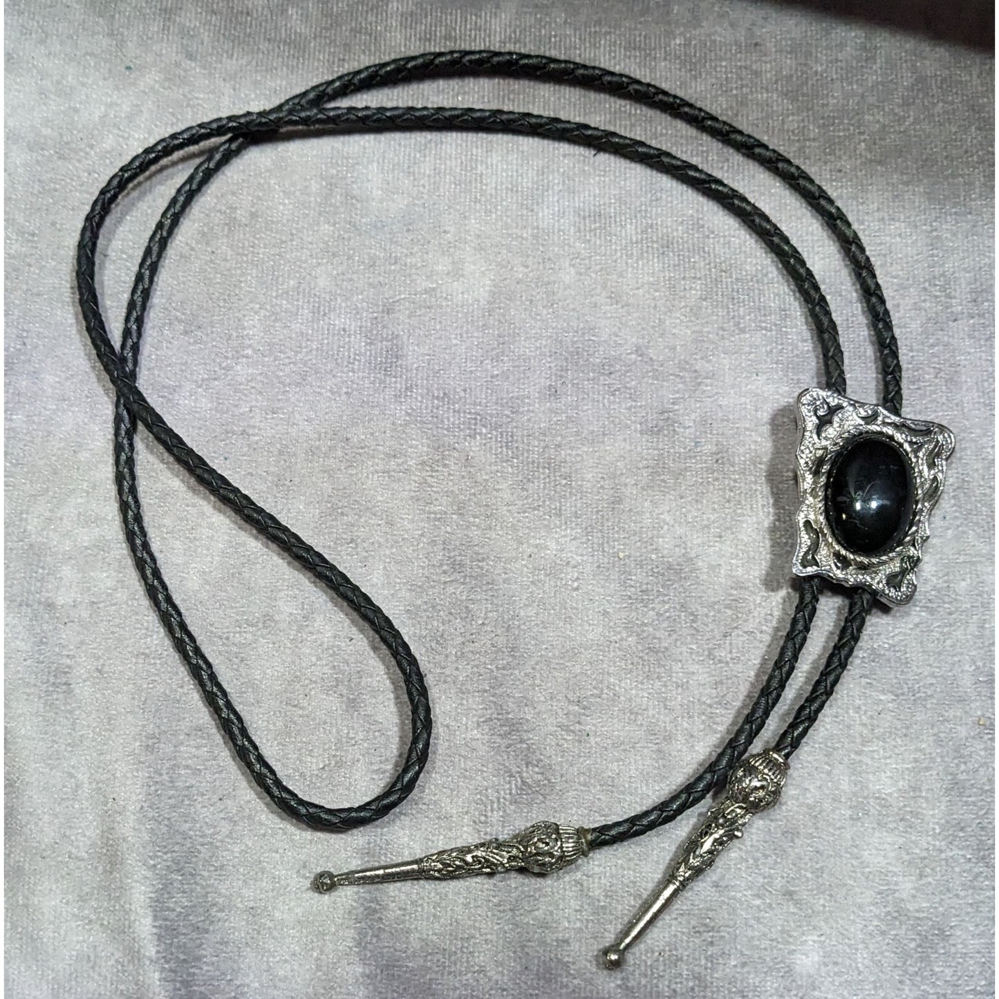 Vintage Western Bolo Tie Black Faux Leather And Onyx Made In USA