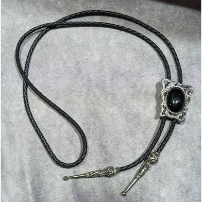 Vintage Western Bolo Tie Black Faux Leather And Onyx Made In USA