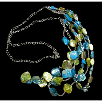 Mermaidcore Bohemian Layered Blue & Green Beaded Necklace With Silver Chains