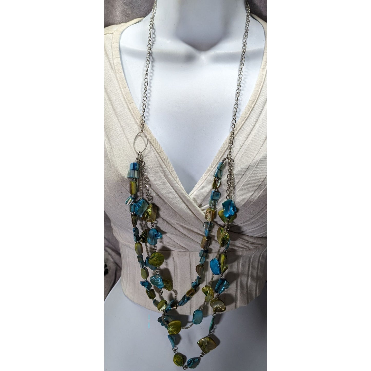 Mermaidcore Bohemian Layered Blue & Green Beaded Necklace With Silver Chains