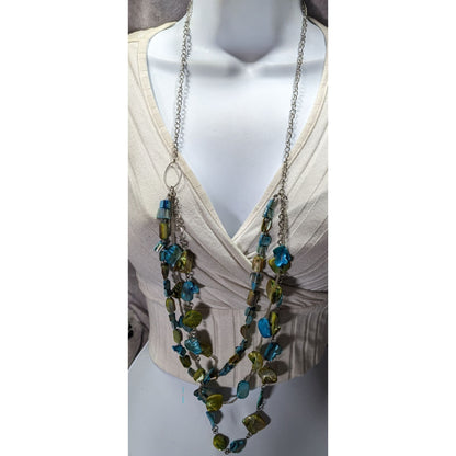 Mermaidcore Bohemian Layered Blue & Green Beaded Necklace With Silver Chains