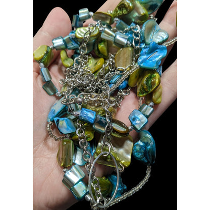 Mermaidcore Bohemian Layered Blue & Green Beaded Necklace With Silver Chains