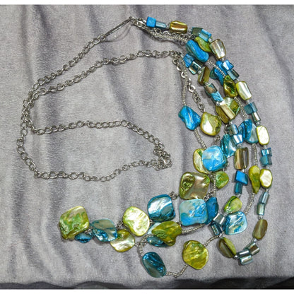 Mermaidcore Bohemian Layered Blue & Green Beaded Necklace With Silver Chains