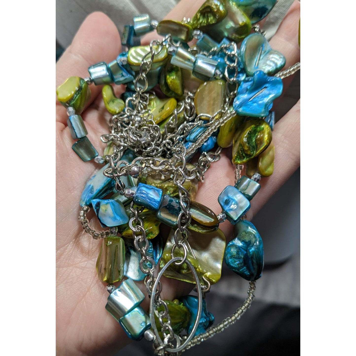 Mermaidcore Bohemian Layered Blue & Green Beaded Necklace With Silver Chains