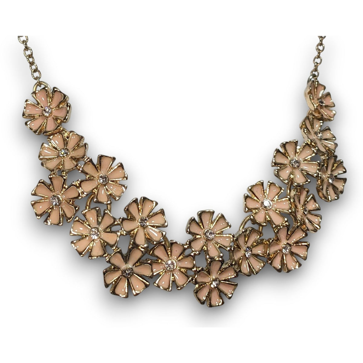 Romantic Floral Enamel Peach Gold Tone Rhinestone Bib Necklace 14 Inch