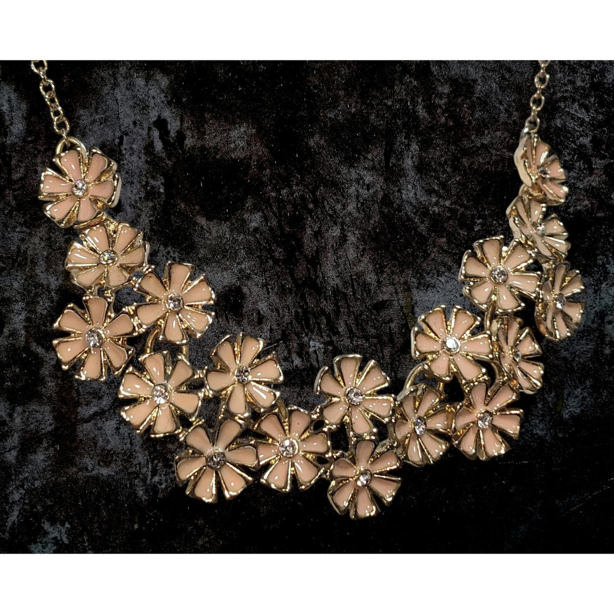 Romantic Floral Enamel Peach Gold Tone Rhinestone Bib Necklace 14 Inch