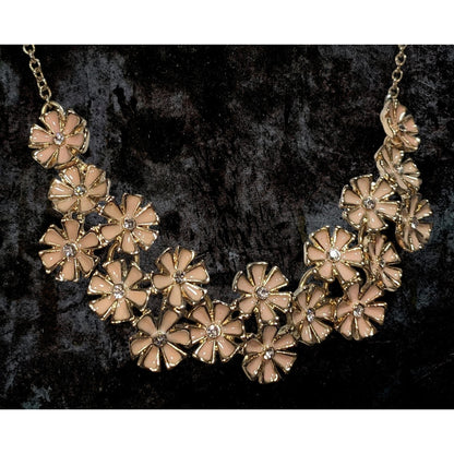 Romantic Floral Enamel Peach Gold Tone Rhinestone Bib Necklace 14 Inch