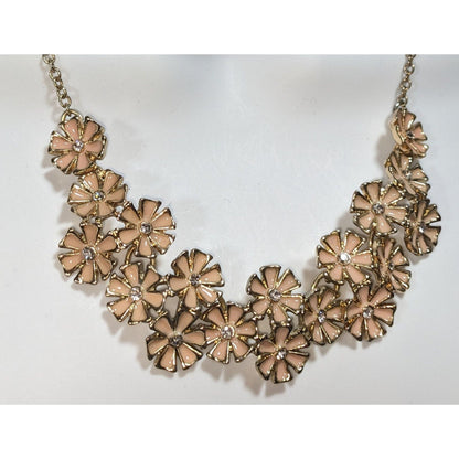 Romantic Floral Enamel Peach Gold Tone Rhinestone Bib Necklace 14 Inch