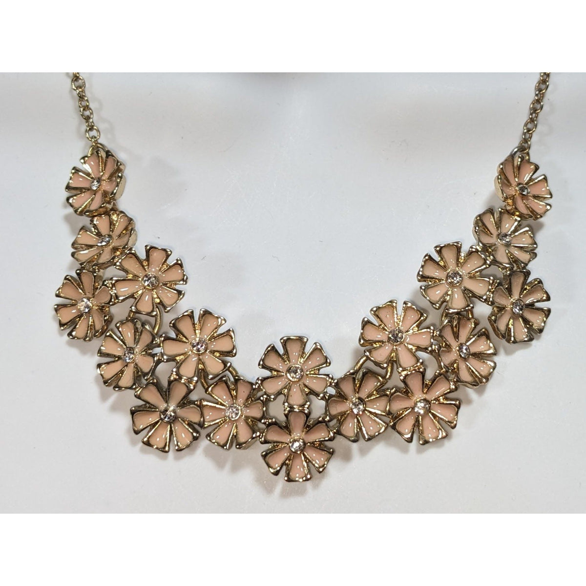 Romantic Floral Enamel Peach Gold Tone Rhinestone Bib Necklace 14 Inch