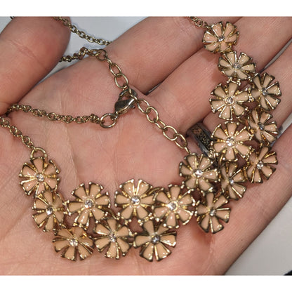 Romantic Floral Enamel Peach Gold Tone Rhinestone Bib Necklace 14 Inch