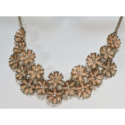 Romantic Floral Enamel Peach Gold Tone Rhinestone Bib Necklace 14 Inch