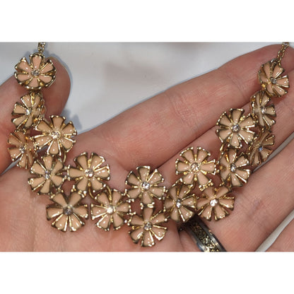 Romantic Floral Enamel Peach Gold Tone Rhinestone Bib Necklace 14 Inch