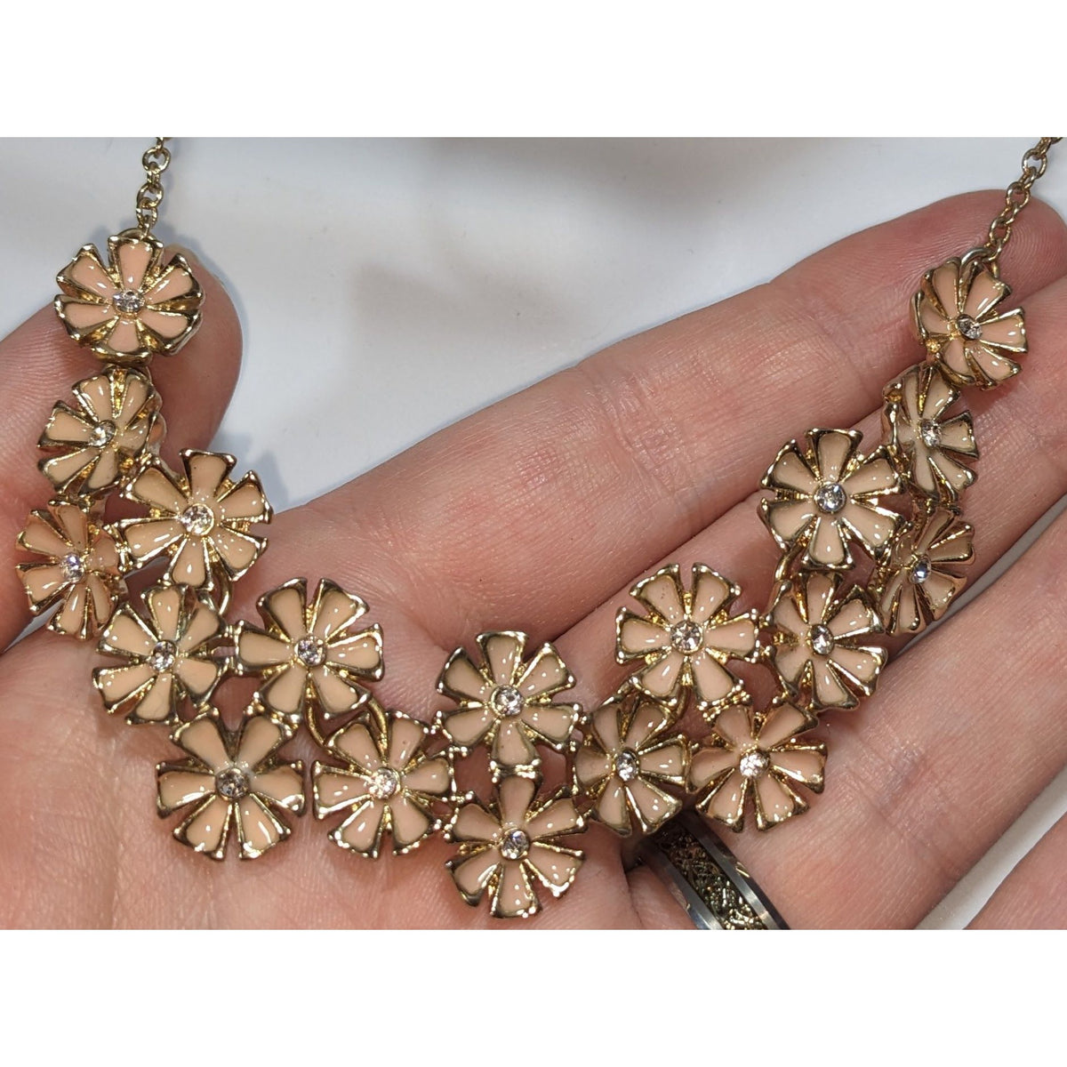 Romantic Floral Enamel Peach Gold Tone Rhinestone Bib Necklace 14 Inch