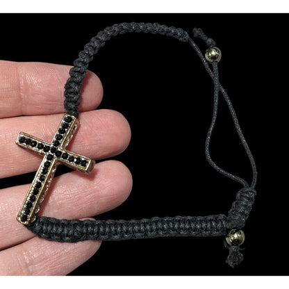 Gothic Cross Black And Silver Tone Rhinestone Adjustable Bracelet