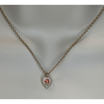 Coquette Vintage Avon Floral Heart Necklace Gold Tone Rose Pendant Dainty Romantic
