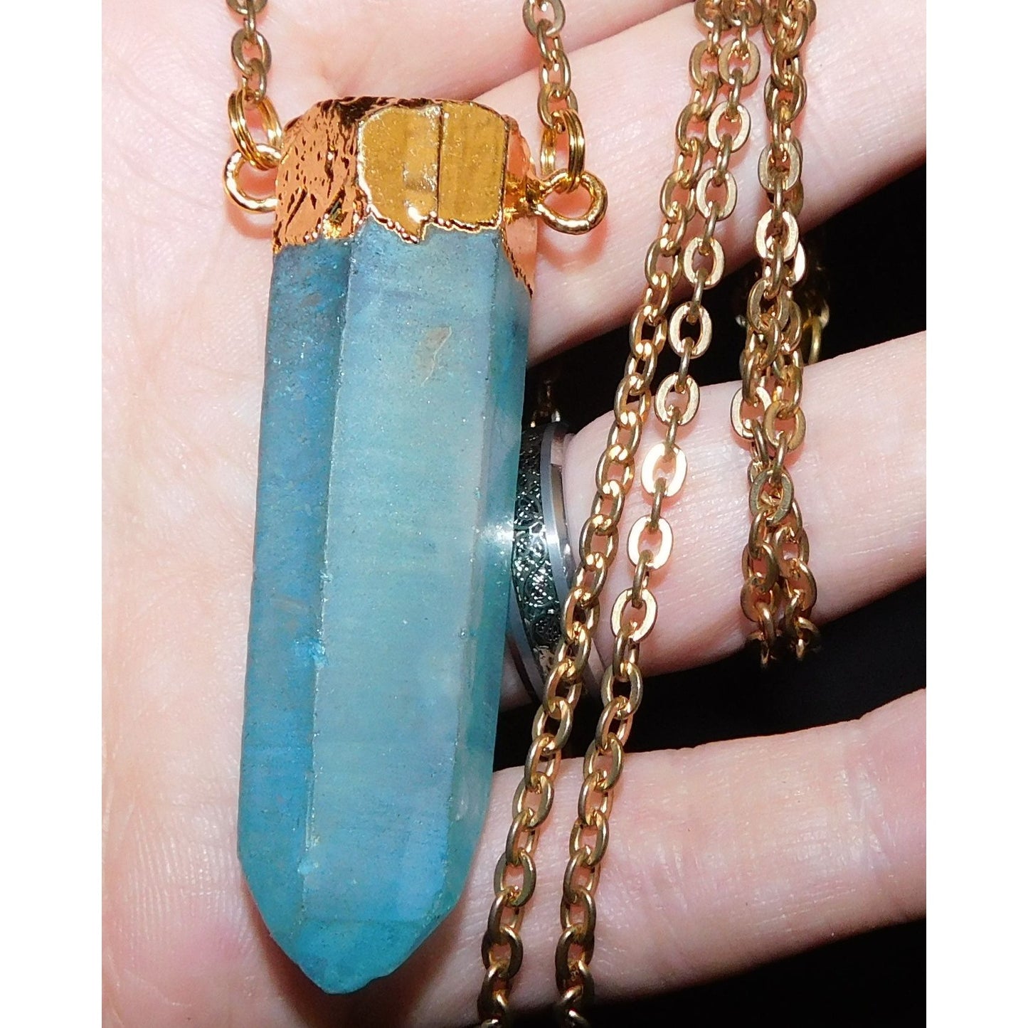 Beljoy Quartz Pillar Necklace With Blue Frost Finish And Gold Tone Cap