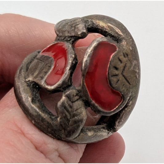 Vintage Artisan Brutalist Floral Silver Tone Ring With Red Enamel Leaf Design Size 6