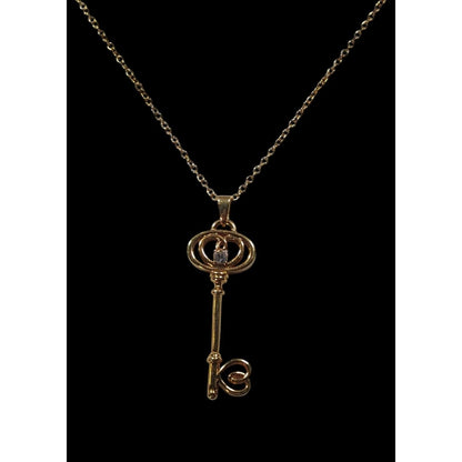 Whimsical Fantasy Gold Tone Skeleton Key Pendant Necklace