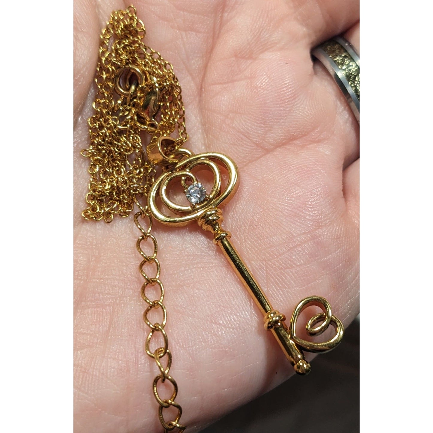 Whimsical Fantasy Gold Tone Skeleton Key Pendant Necklace