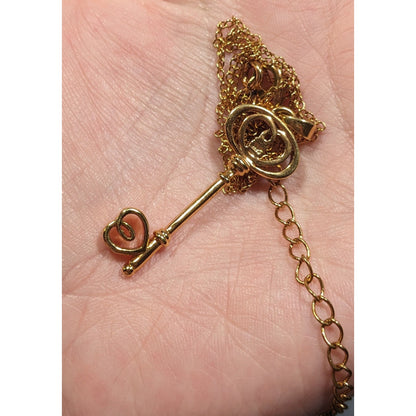 Whimsical Fantasy Gold Tone Skeleton Key Pendant Necklace