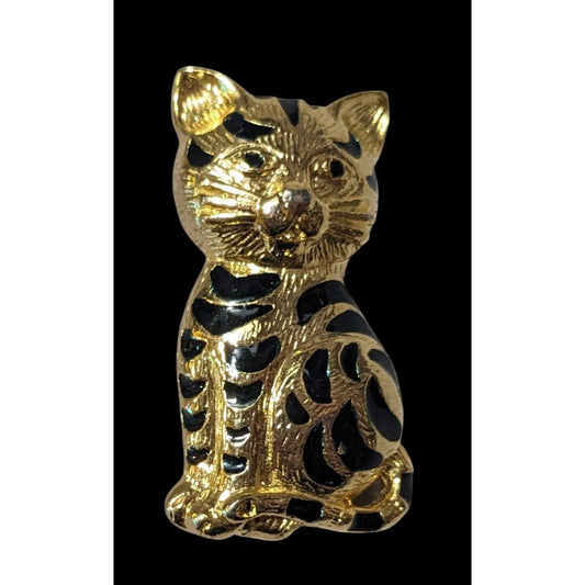 Vintage Gold Tone Black Enamel Striped Cat Brooch