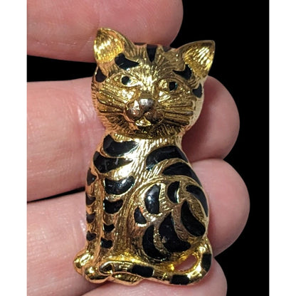 Vintage Gold Tone Black Enamel Striped Cat Brooch