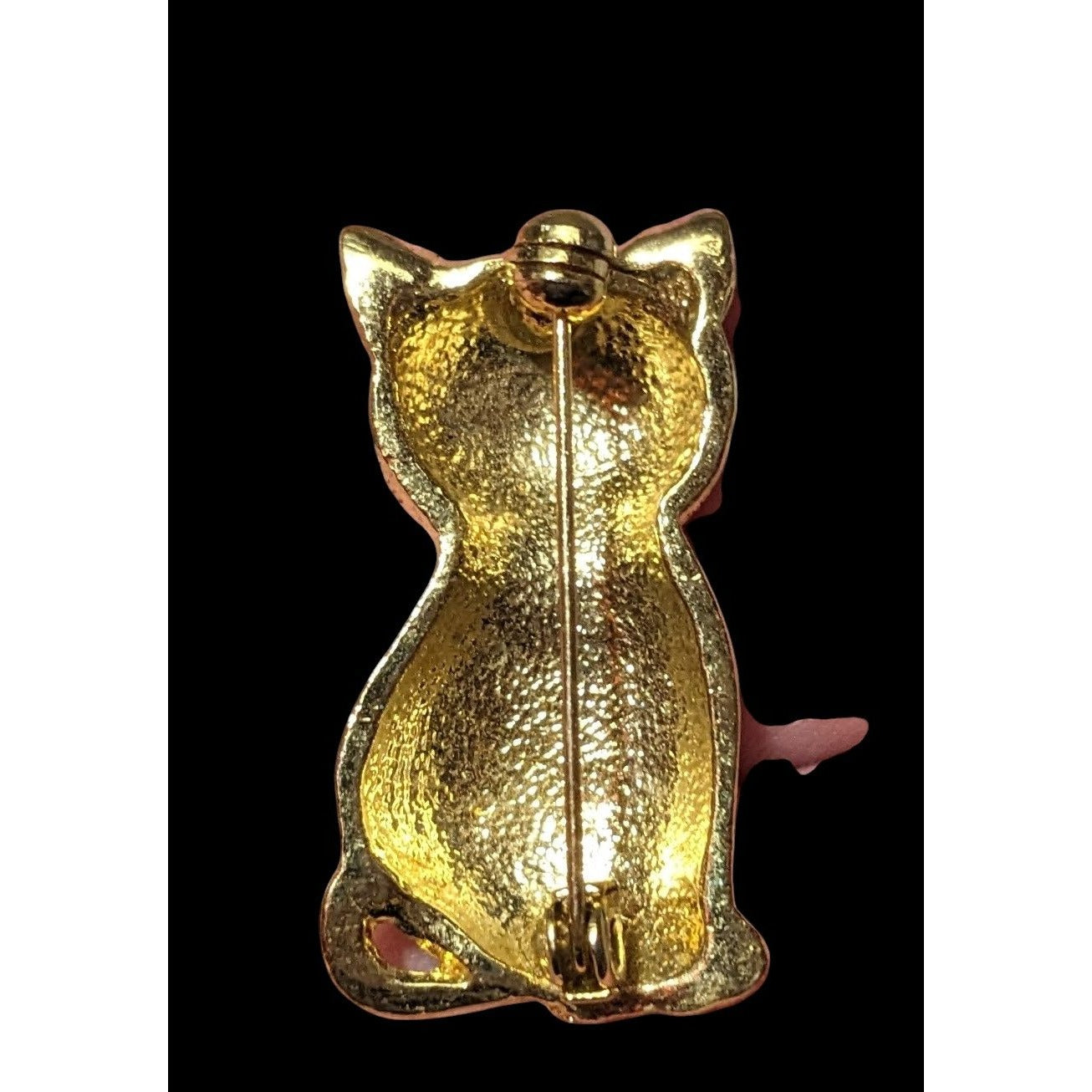 Vintage Gold Tone Black Enamel Striped Cat Brooch