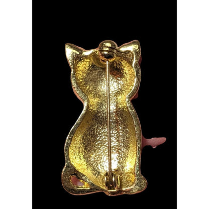 Vintage Gold Tone Black Enamel Striped Cat Brooch