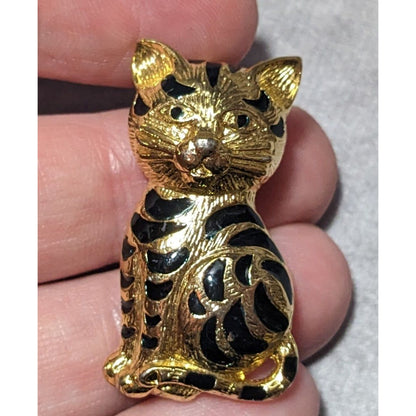 Vintage Gold Tone Black Enamel Striped Cat Brooch