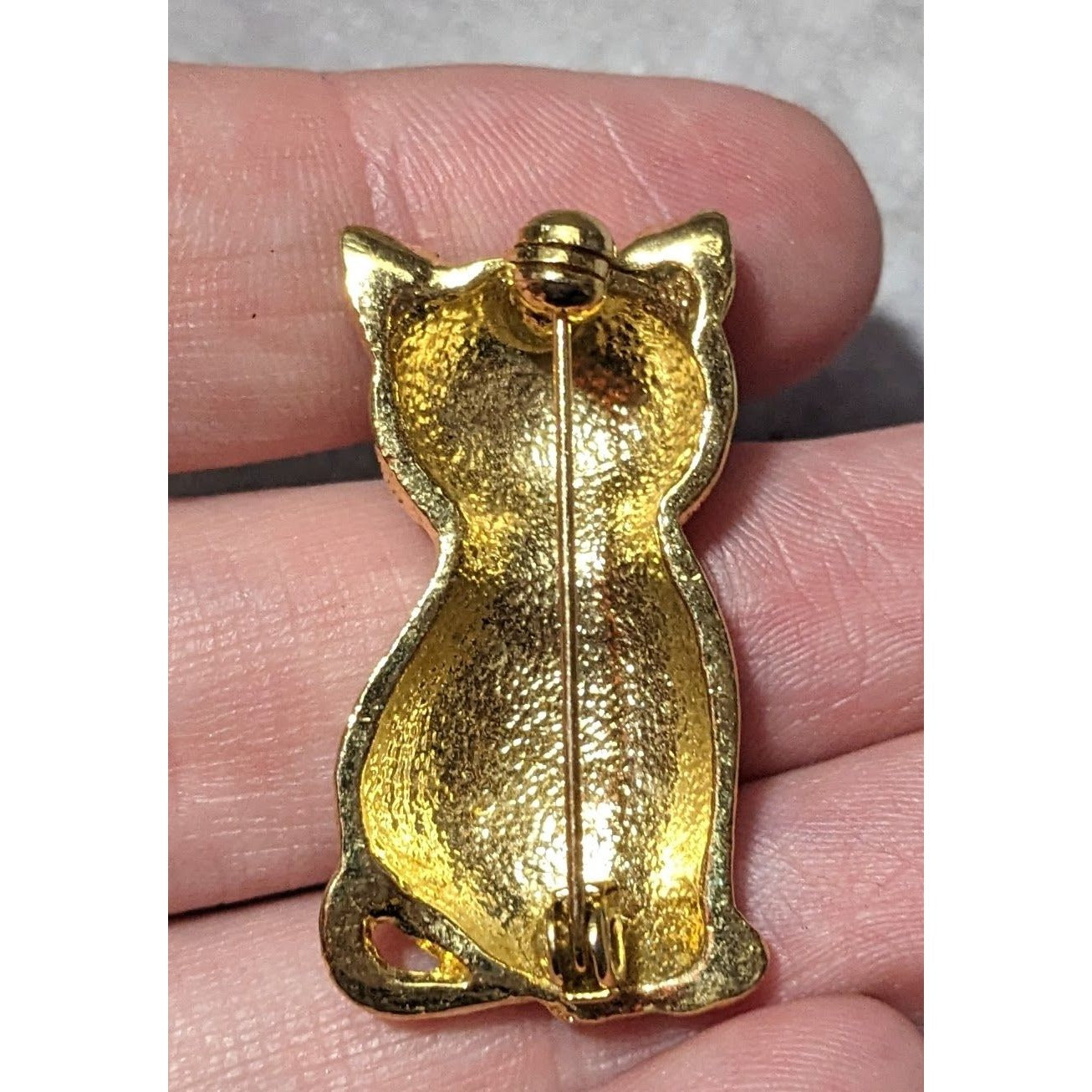 Vintage Gold Tone Black Enamel Striped Cat Brooch