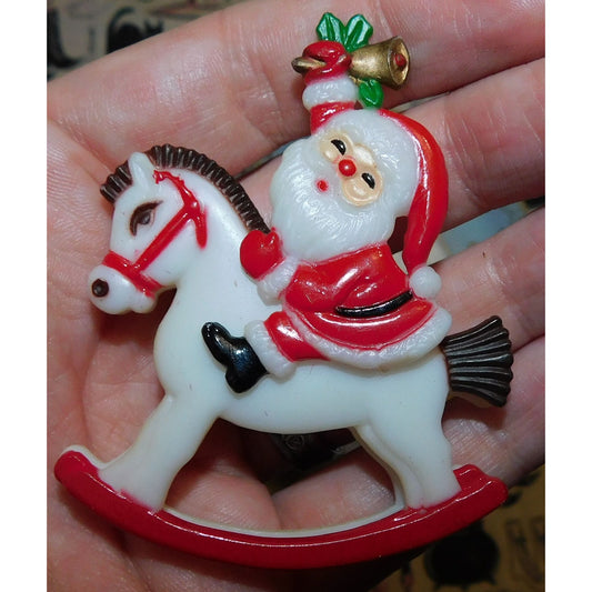 Vintage 70s Moving Santa Rocking Horse Brooch