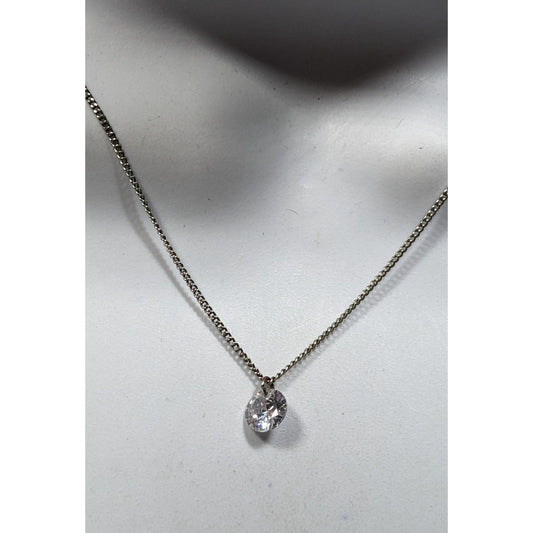 Minimalist Dainty Circular Cubic Zirconia Pendant On Silver Tone Chain