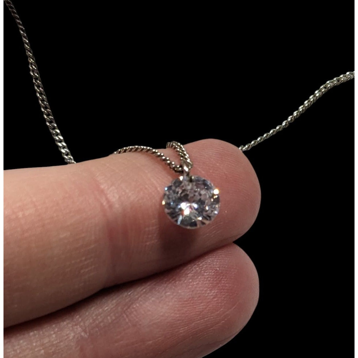 Minimalist Dainty Circular Cubic Zirconia Pendant On Silver Tone Chain