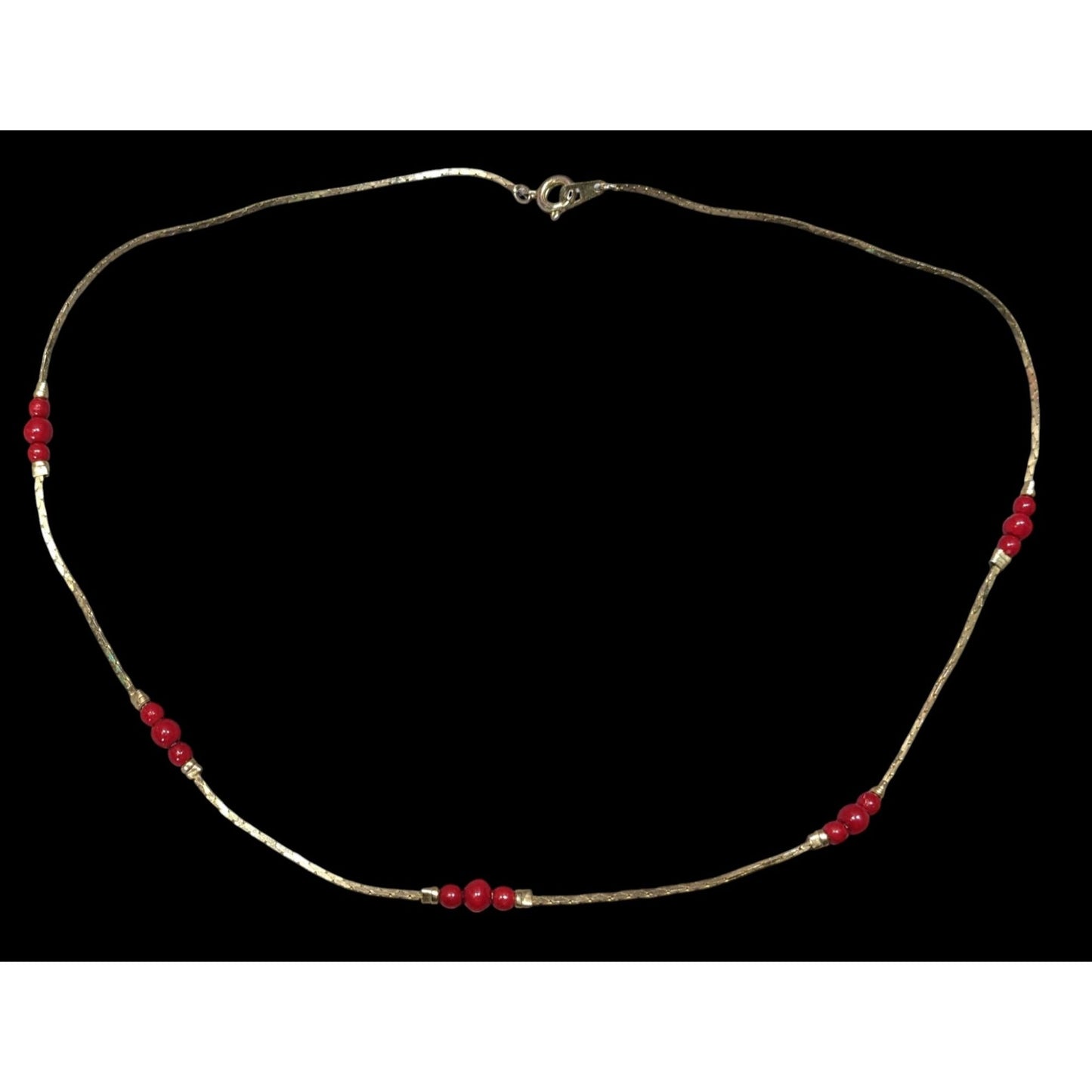 Vintage Red Beaded Station Necklace On Gold Tone Chain