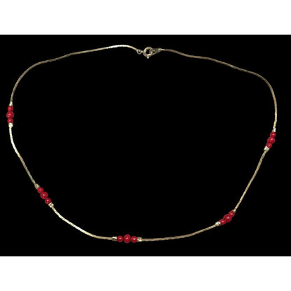 Vintage Red Beaded Station Necklace On Gold Tone Chain