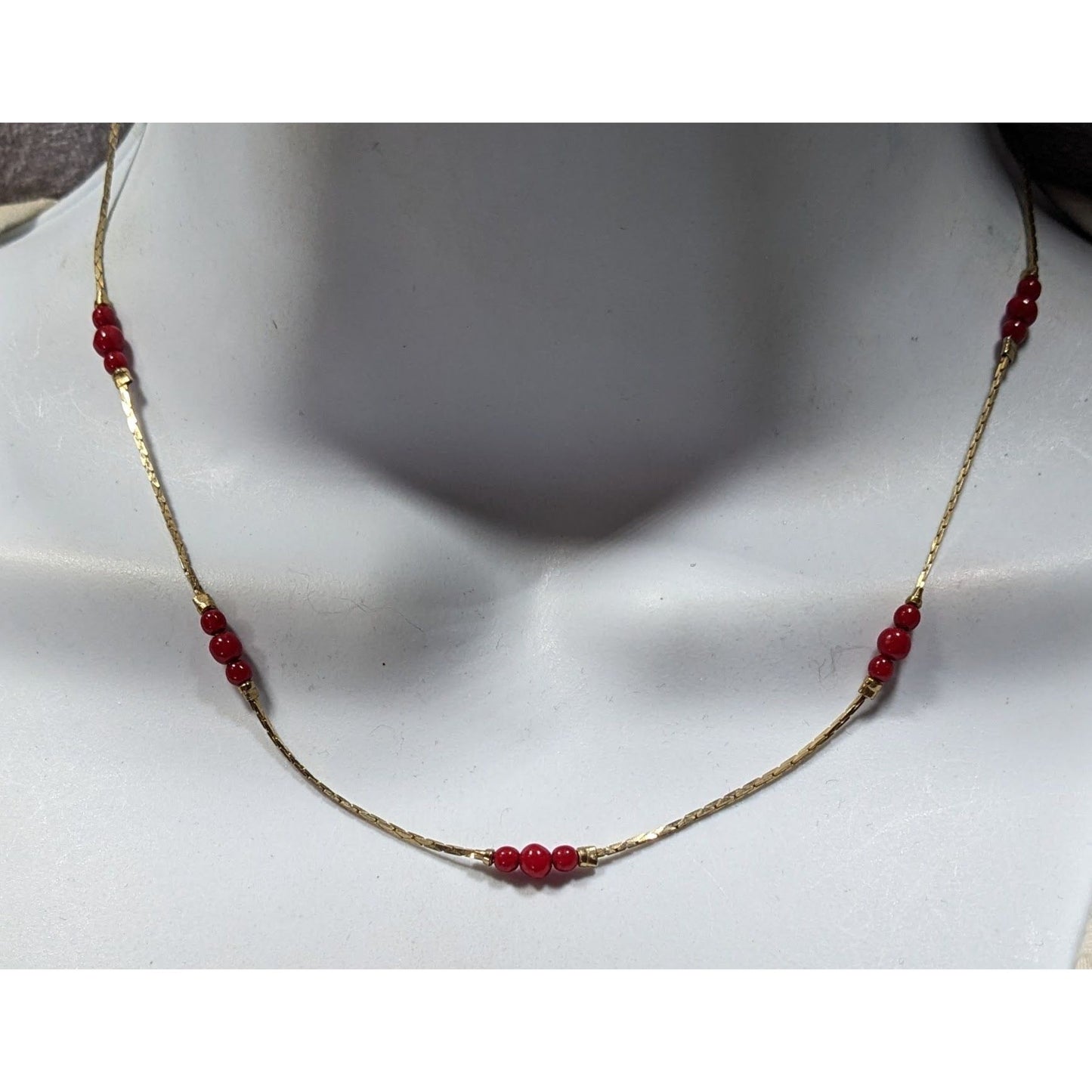 Vintage Red Beaded Station Necklace On Gold Tone Chain