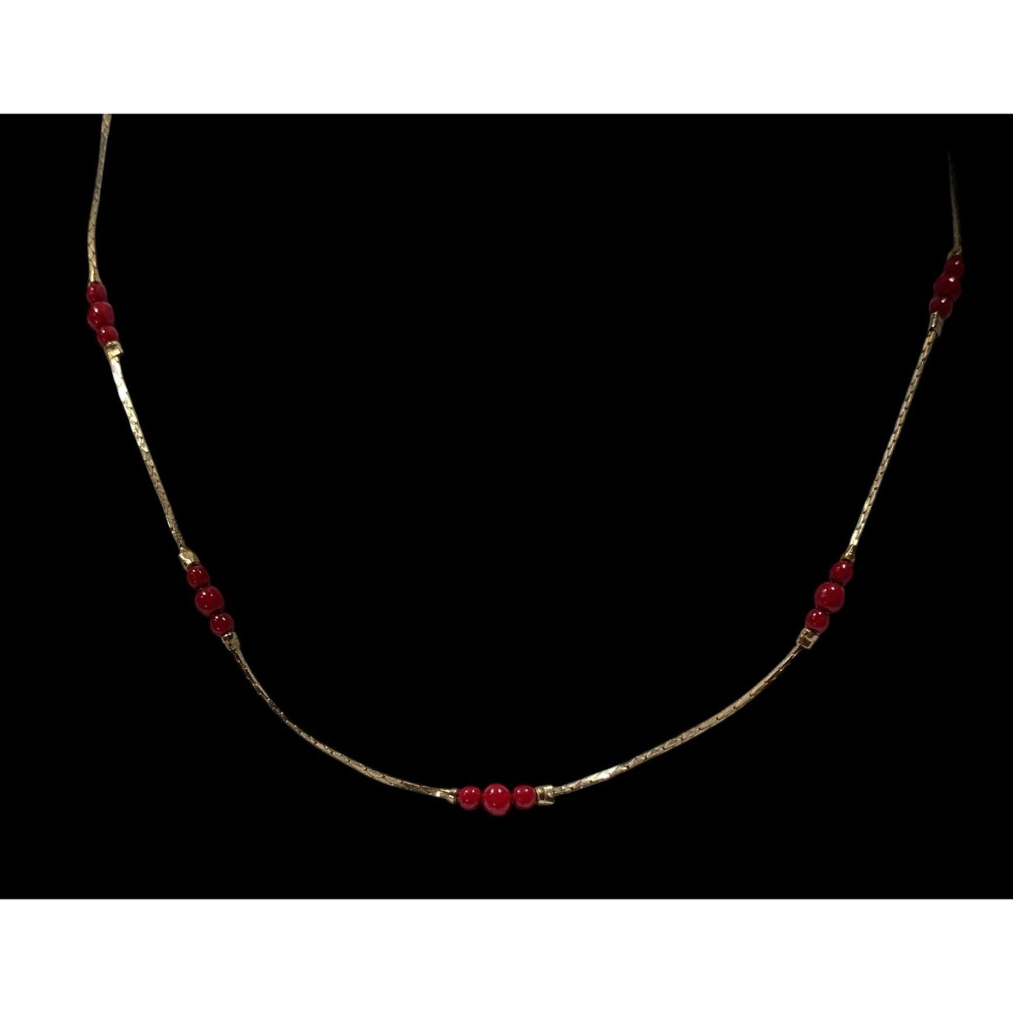 Vintage Red Beaded Station Necklace On Gold Tone Chain