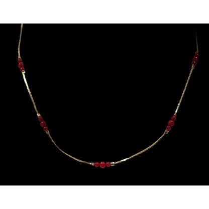 Vintage Red Beaded Station Necklace On Gold Tone Chain