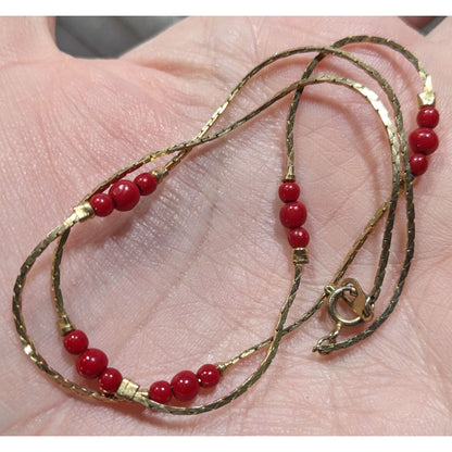 Vintage Red Beaded Station Necklace On Gold Tone Chain