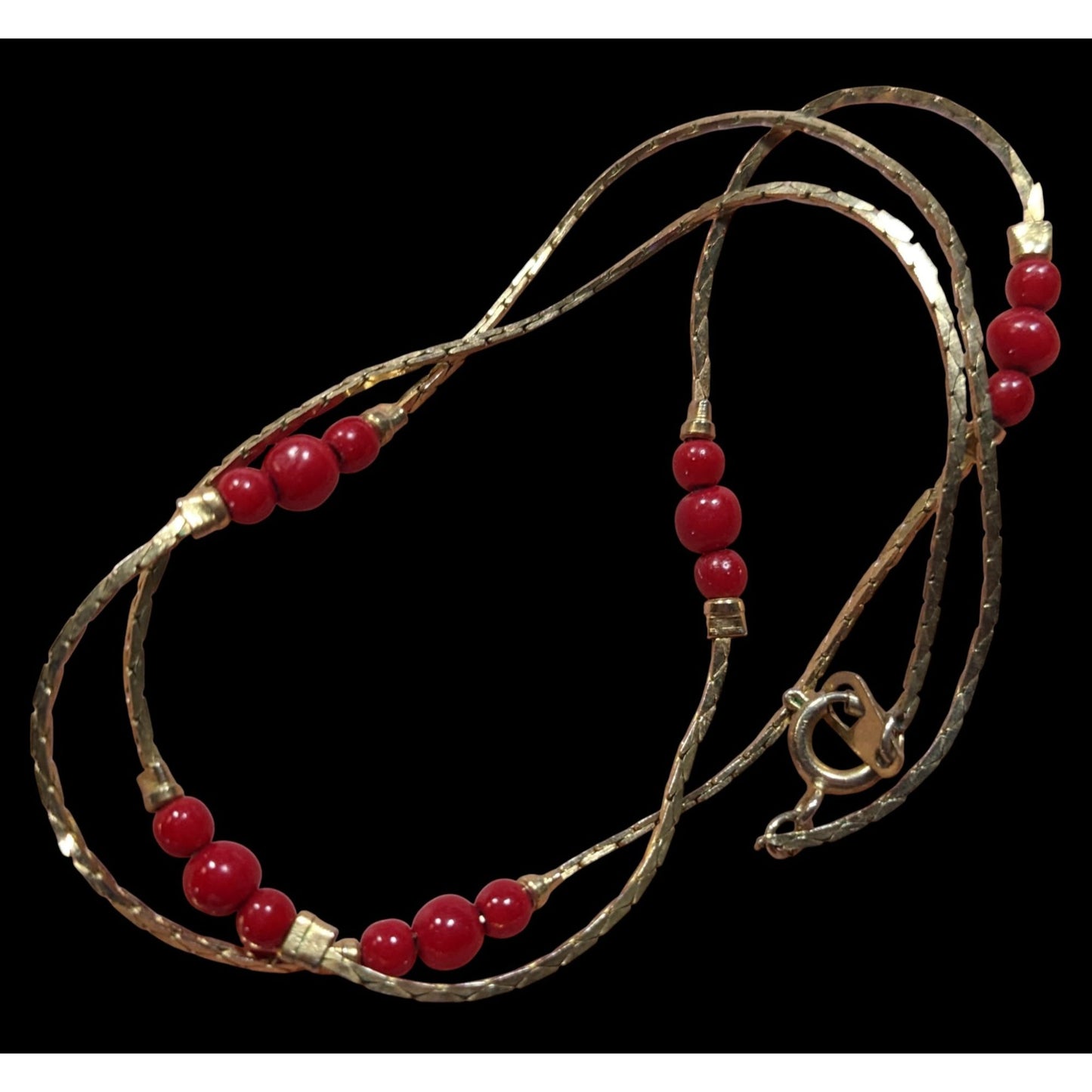Vintage Red Beaded Station Necklace On Gold Tone Chain