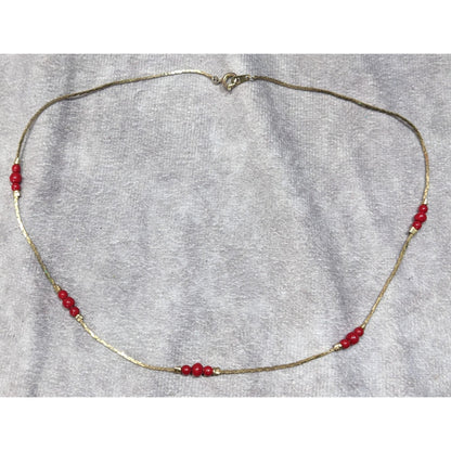 Vintage Red Beaded Station Necklace On Gold Tone Chain
