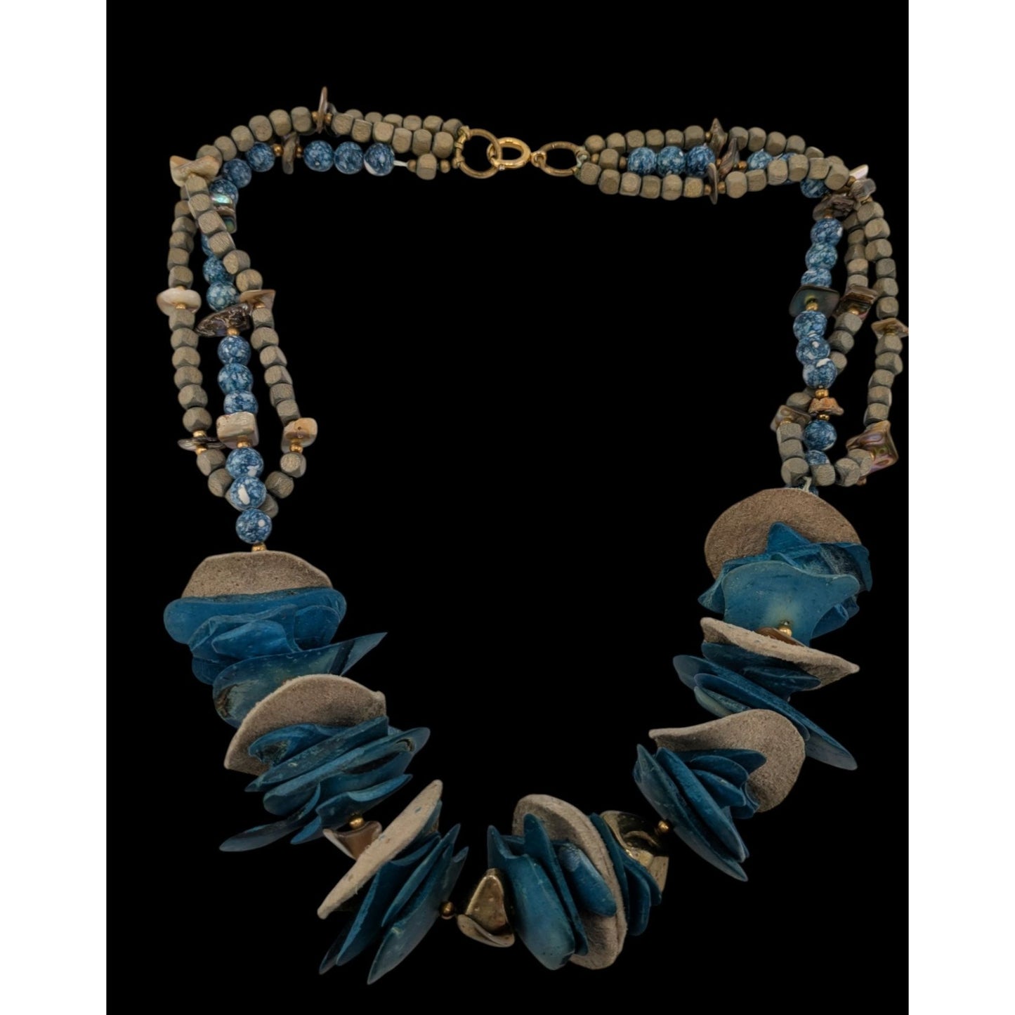 Vintage Bohemian Handmade Necklace With Wood Leather Stone & Shell Accents