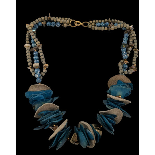 Vintage Bohemian Handmade Necklace With Wood Leather Stone & Shell Accents