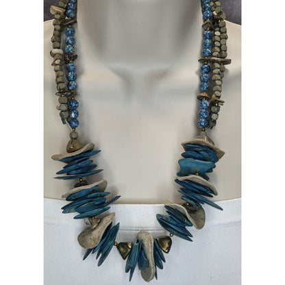 Vintage Bohemian Handmade Necklace With Wood Leather Stone & Shell Accents