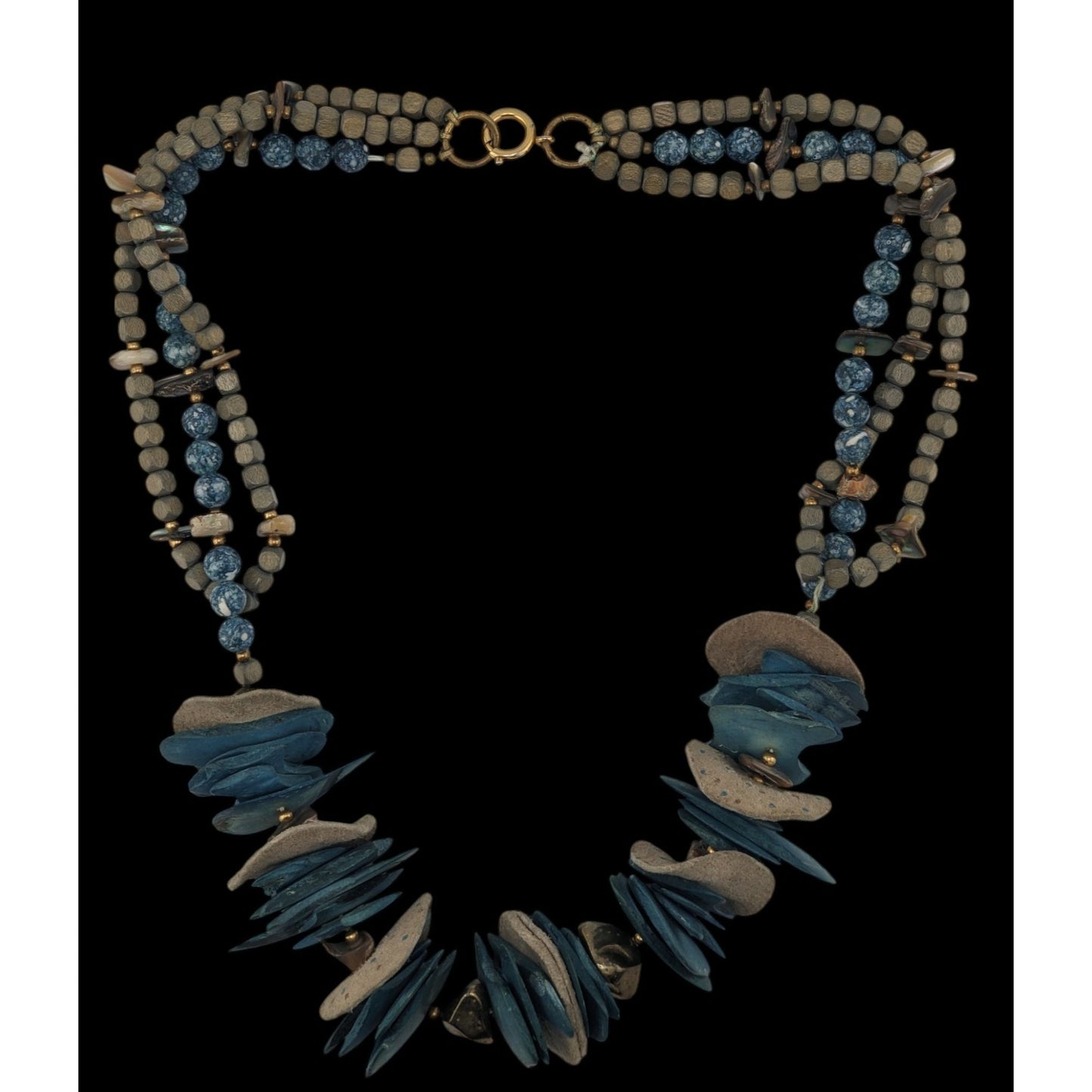 Vintage Bohemian Handmade Necklace With Wood Leather Stone & Shell Accents