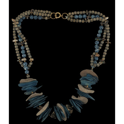 Vintage Bohemian Handmade Necklace With Wood Leather Stone & Shell Accents