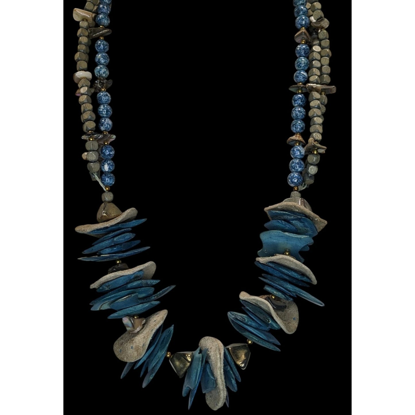 Vintage Bohemian Handmade Necklace With Wood Leather Stone & Shell Accents