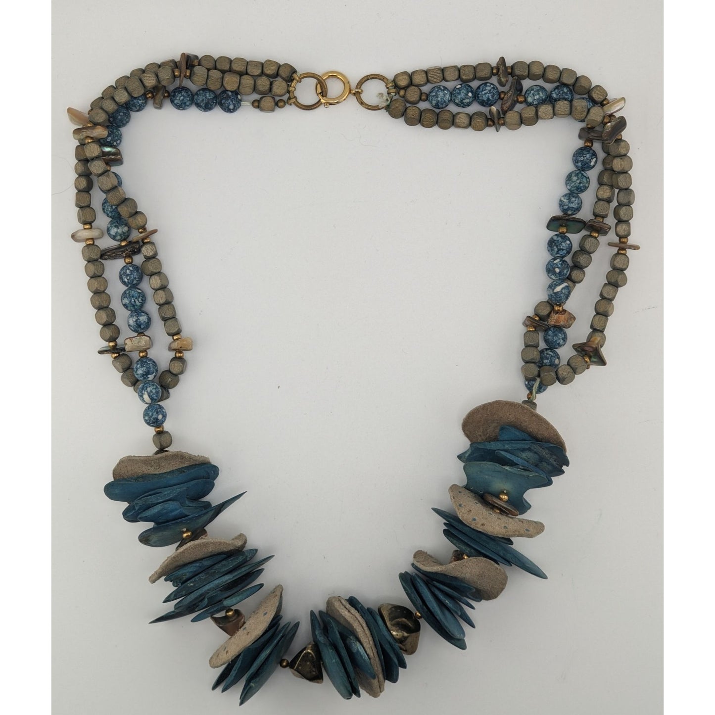 Vintage Bohemian Handmade Necklace With Wood Leather Stone & Shell Accents